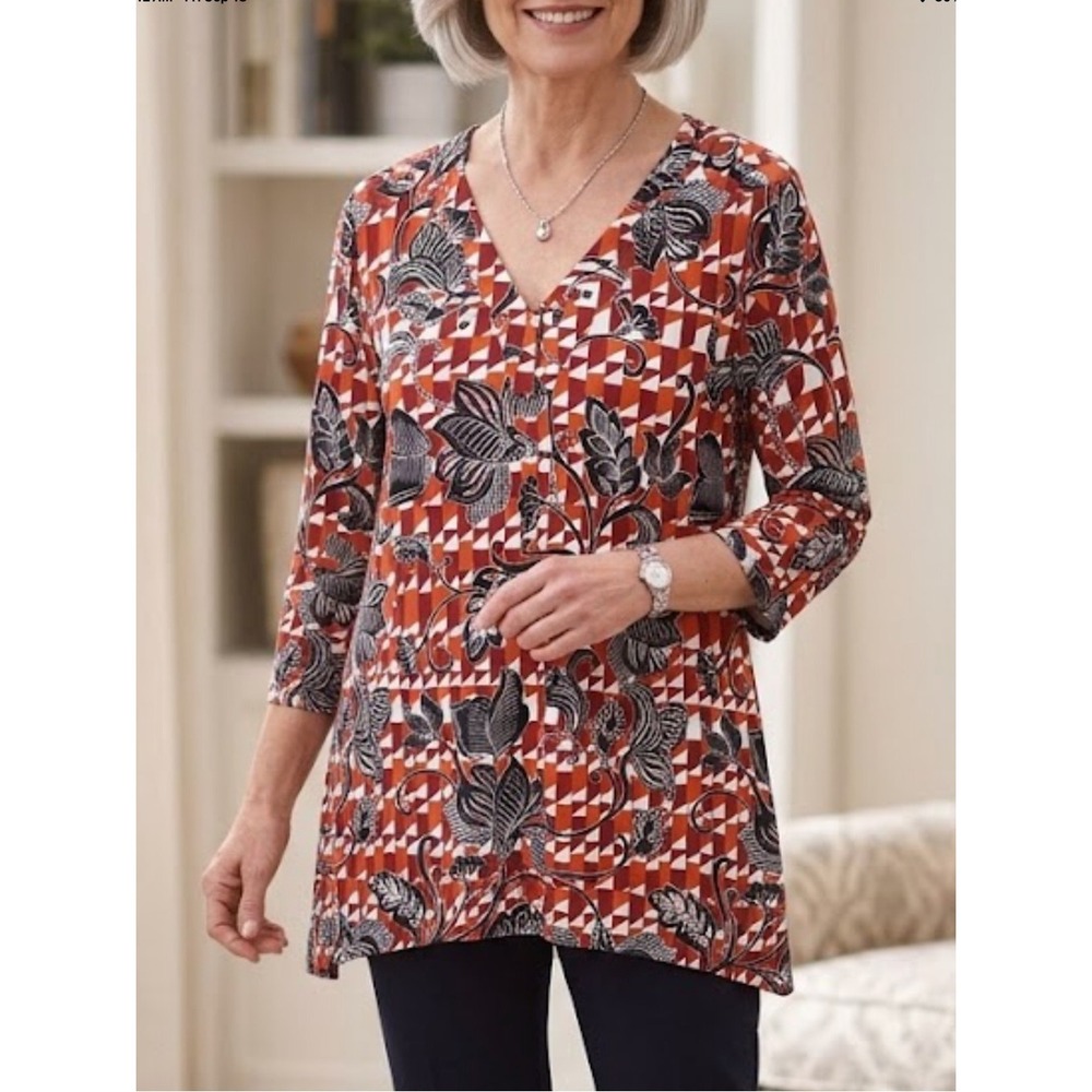 NEW Zac & Rachel Size 1X Rust Black Vneck 3/4 Sleeve Tunic Top Office Career